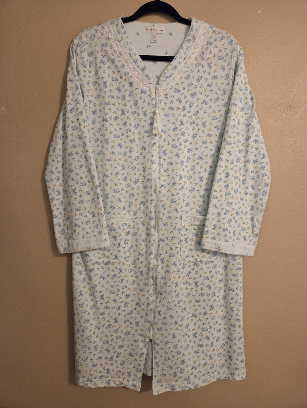 MISS ELAINE Blue Ditsy Flower Full Zip Long Sleeve House Coat Duster Robe Size S